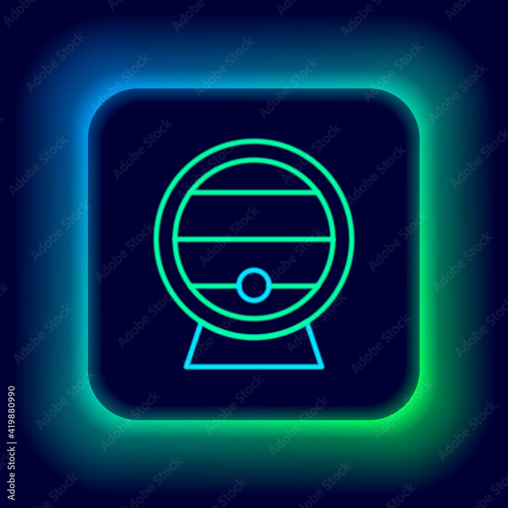 Glowing neon line Wooden barrel on rack with stopcock icon isolated on black background. Colorful outline concept. Vector Glowing neon line Wooden barrel on rack with stopcock icon isolated on black background. Colorful outline concept. Vector