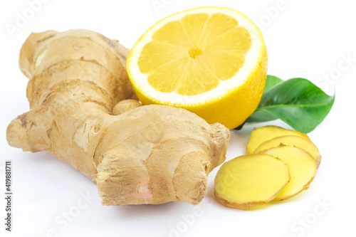 Ginger, lemon and green leaves , bio, healthy food isolated on white background