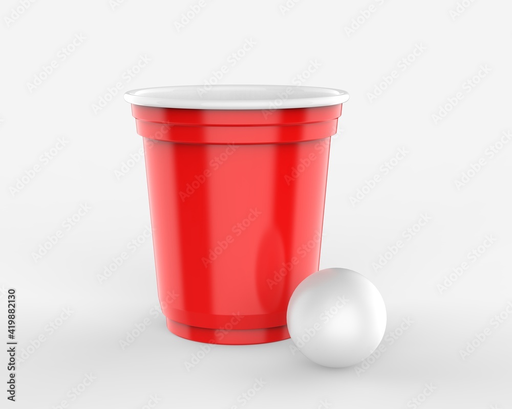 Blank beer pong disposable cups and ball set for branding and mockup. 3d render illustration. Blank beer pong disposable cups and ball set for branding and mockup. 3d render illustration.