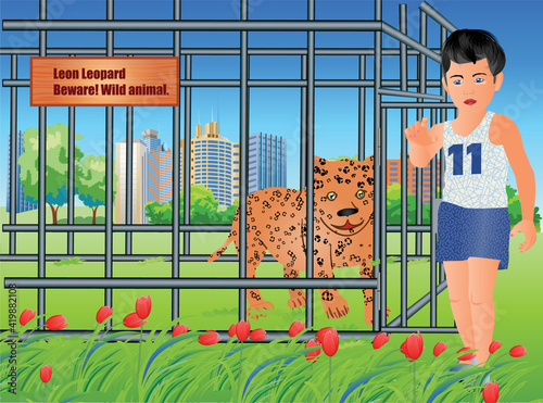At the zoo a leopard is enclosed in a cage. A boy sees it and felt pity for the animal. He opened the door and wants to release it. Attention boy! The animal is dangerous. Vector illustration.