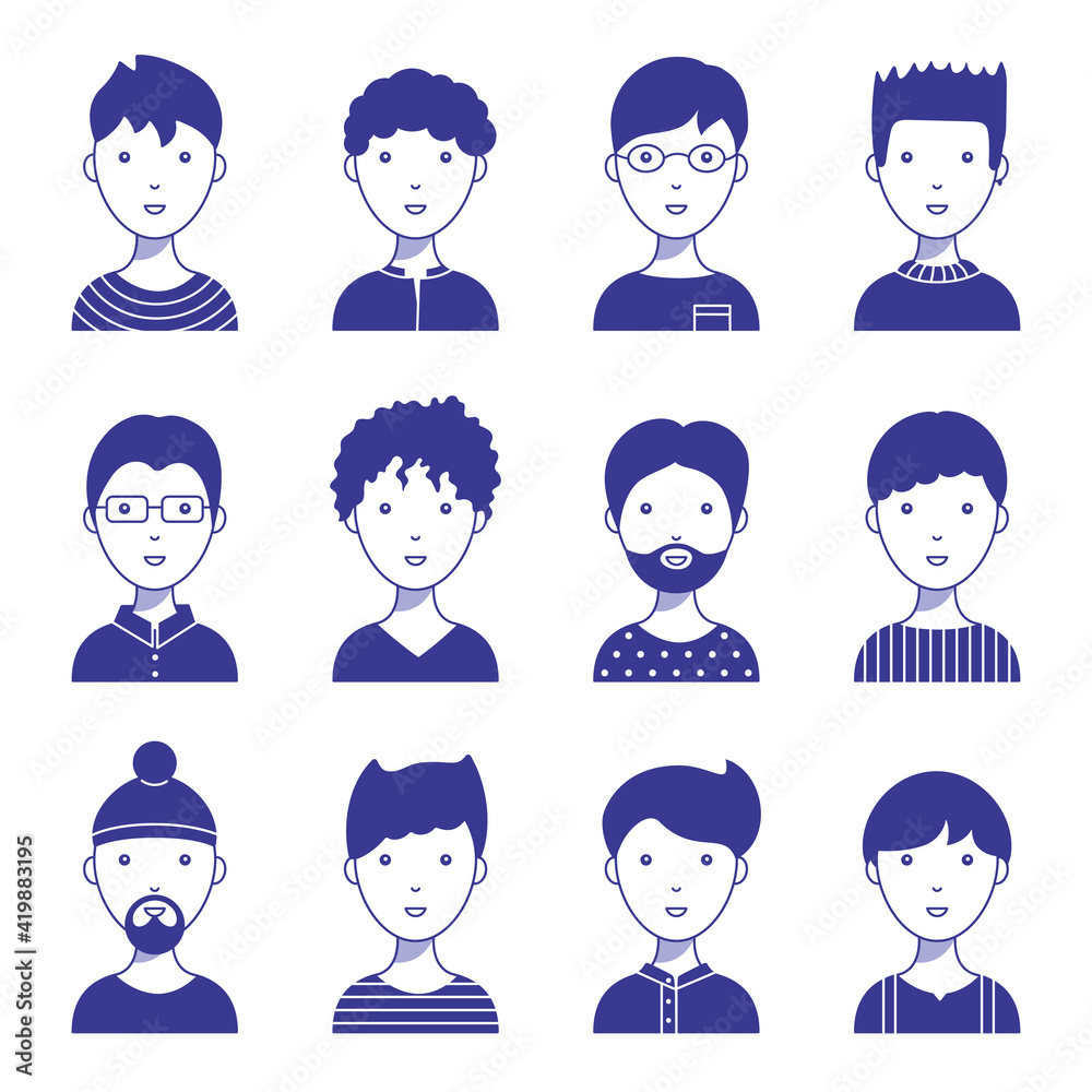 Set of male icon avatars for social networks and the web. Flat style vector illustration. Different faces on a white background. Set of male icon avatars for social networks and the web. Flat style vector illustration. Different faces on a white background.