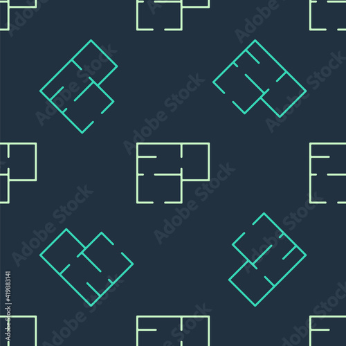 Green and beige House plan icon isolated seamless pattern on blue background. Vector