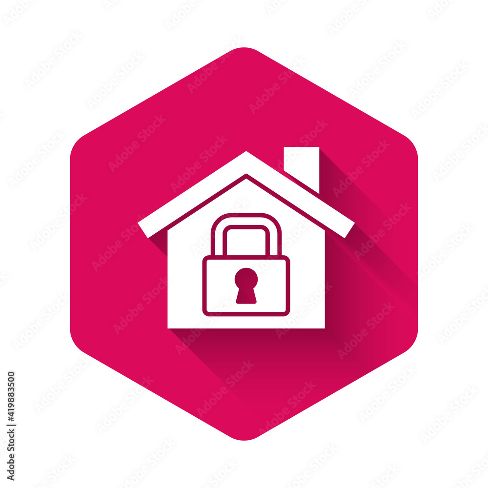 White House under protection icon isolated with long shadow background. Home and lock. Protection, safety, security, protect, defense concept. Pink hexagon button. Vector White House under protection icon isolated with long shadow background. Home and lock. Protection, safety, security, protect, defense concept. Pink hexagon button. Vector