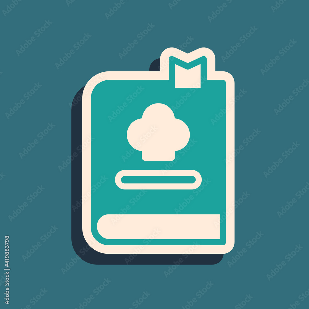 Green Cookbook icon isolated on green background. Cooking book icon. Recipe book. Fork and knife icons. Cutlery symbol. Long shadow style. Vector