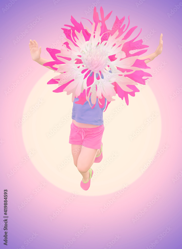 Illustration of happy young girl jumping isolated on spring or summer background.