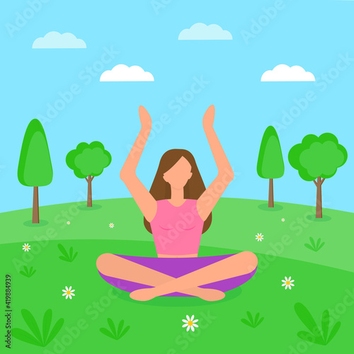 This a vector illustration of the yoga of a woman in the park.