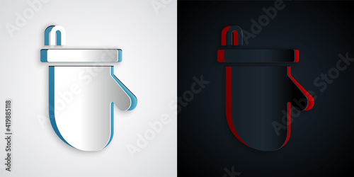 Paper cut Sauna mittens icon isolated on grey and black background. Mitten for spa. Paper art style. Vector