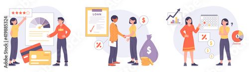Three different banking scenes with card, loan and investments