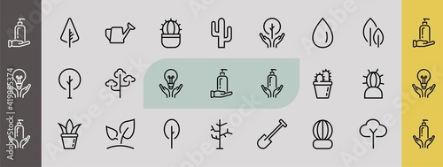 A set of Rosteniya Icons, and garden care, Vector illustration, Contains Icons such as tree, cactus, watering can, spade, flower and much more. on a white background, editable bar 480x480