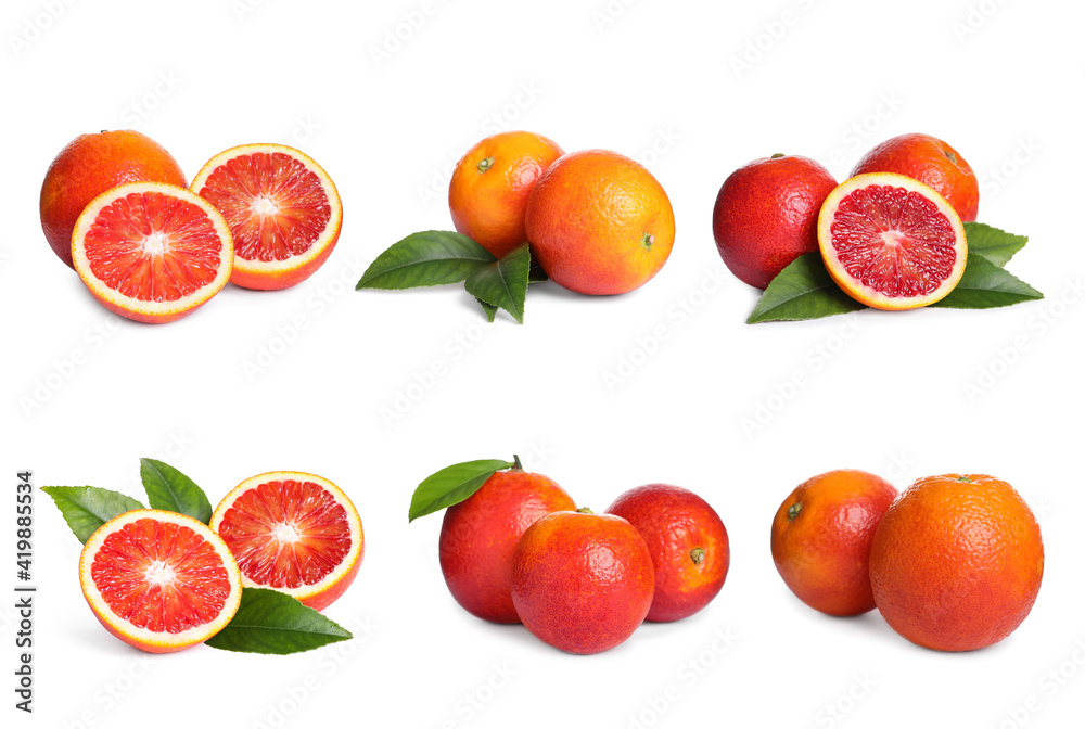Set with ripe red oranges on white background