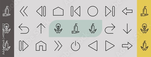 Set of line arrows, directions, arrows, contains icons such as pause, continuation, directly, to the right, Editable stroke. 480x480, On a white background, Vector illustration