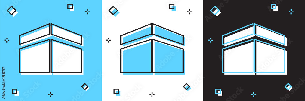 Set Kaaba mosque icon isolated on blue and white, black background. Kaaba hajj Mecca pray pilgrimage Ramadan Islam muslim mosque. Vector Set Kaaba mosque icon isolated on blue and white, black background. Kaaba hajj Mecca pray pilgrimage Ramadan Islam muslim mosque. Vector