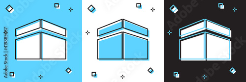 Set Kaaba mosque icon isolated on blue and white, black background. Kaaba hajj Mecca pray pilgrimage Ramadan Islam muslim mosque. Vector