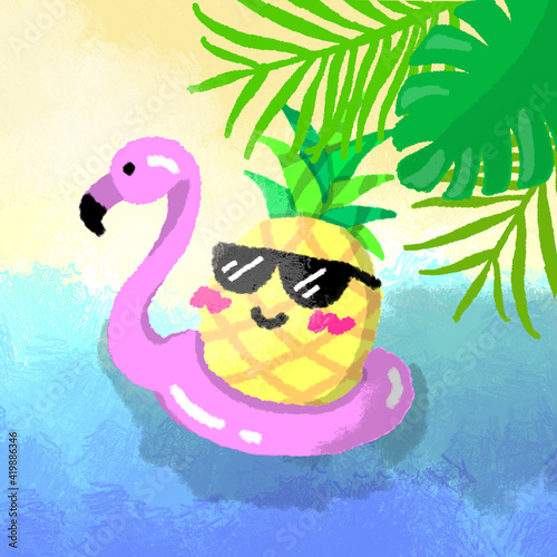 A cool pineapple on a flamingo swimming float for the tropical background that is cartoon style