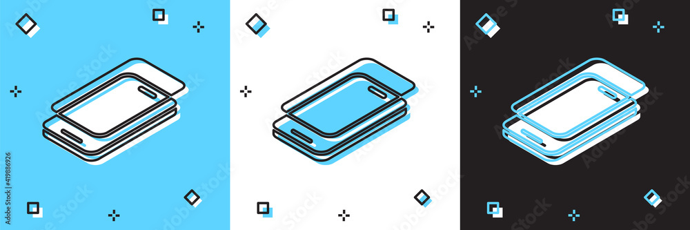 Set Glass screen protector for smartphone icon isolated on blue and white, black background. Protective film for glass. Transparent soft glass for mobile phone. Vector