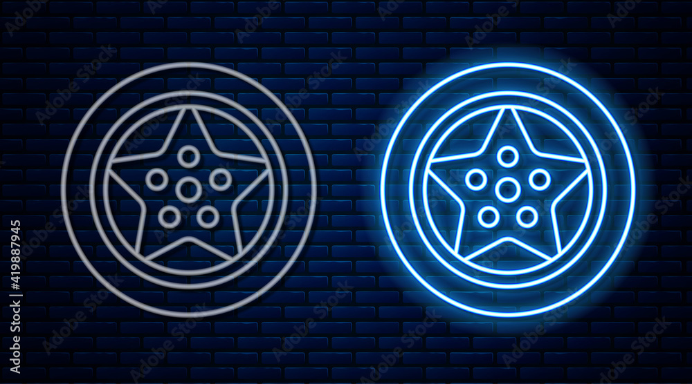 Glowing neon line Car wheel icon isolated on brick wall background. Vector Glowing neon line Car wheel icon isolated on brick wall background. Vector