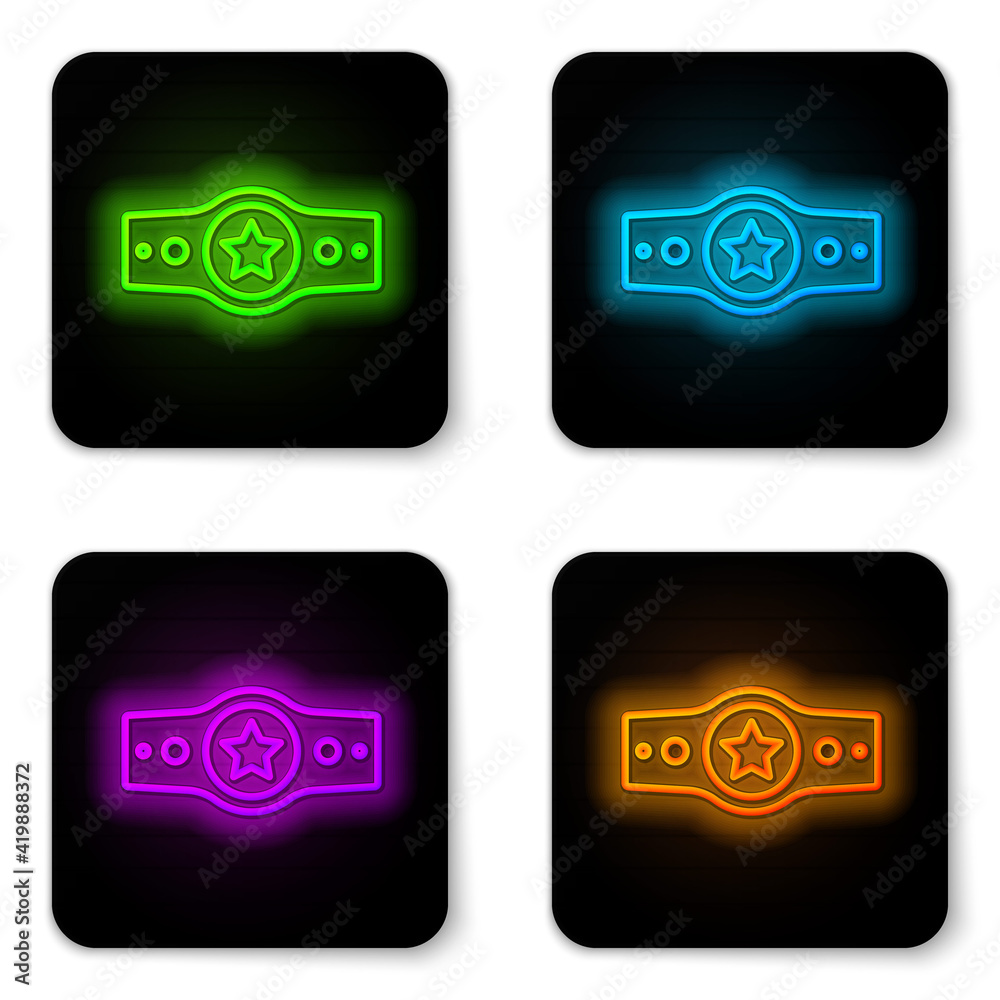 Glowing neon line Boxing belt icon isolated on white background. Belt boxing sport championship winner fight award. Black square button. Vector Glowing neon line Boxing belt icon isolated on white background. Belt boxing sport championship winner fight award. Black square button. Vector