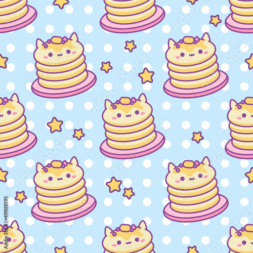 Kawaii Food seamless Vector pattern. Cute Cat Pancake Stack on plate with piece of butter, berries and star. Smiling Pancakes character. Sweet blue polka dot background. Wrapping paper, print, textile