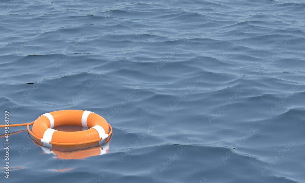 3D illustration.Orange Lifebuoy in ocean Emergency lifesaver buoy in water. Saving Lives . Lifeguard equipment with rope floating in sea. lifeguard.3D Render.