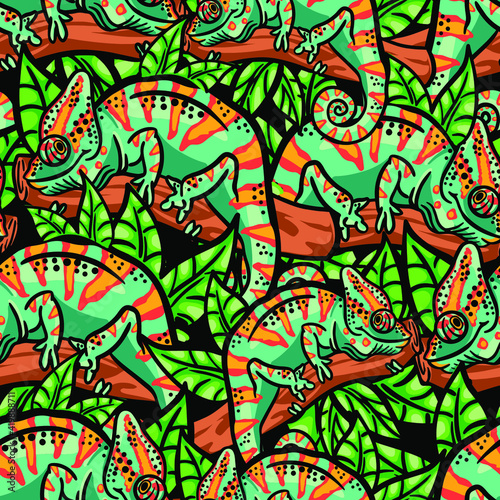 Hand drawn pattern with chameleon. Seamless jungle pattern. Pattern for creative t shirt  textile  favric  wrapping paper and more