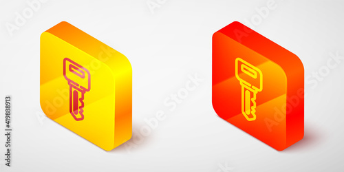 Isometric line House key icon isolated on grey background. Yellow and orange square button. Vector