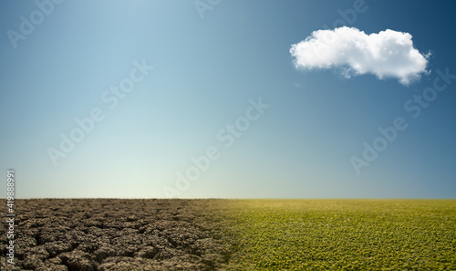 landscape with severe drought desert and fade green grass field