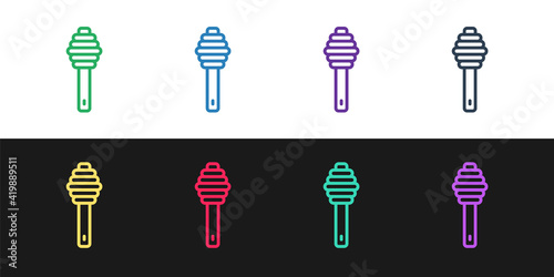 Set line Honey dipper stick icon isolated on black and white background. Honey ladle. Vector