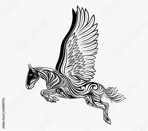 Horse with wings isolated pegasus. Vector mythical animal, stallion tattoo heraldic silhouette