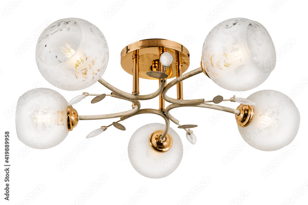 White five-lamp chandelier with a golden base and white matte shades with floral ornaments. Isolated on white background