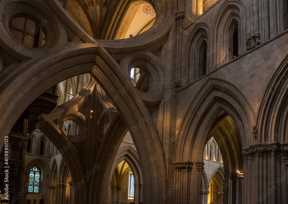 Detail of the many arches in the Wells Cathedral in Wells, Somerset, England