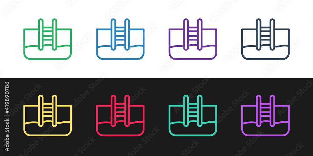 Set line Swimming pool with ladder icon isolated on black and white background. Vector Set line Swimming pool with ladder icon isolated on black and white background. Vector