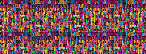 Collage of faces of surprised people on multicolored backgrounds. Happy men and women smiling. Human emotions, facial expression concept. Different human facial expressions, emotions, feelings. Neon