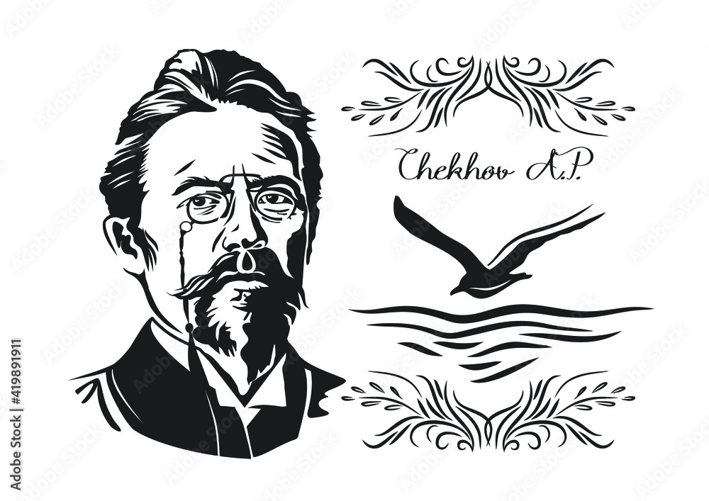 Ταπετσαρία Vector image of a portrait of Chekhov on the background of the sea and a seagull