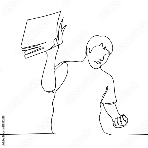 man in anger brandishes a stack of documents - one line drawing. Concept of rabies, rage, tantrum and nervous breakdown at work