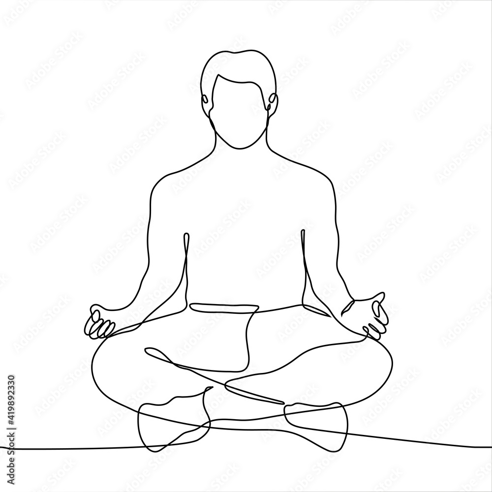 man sitting in a pose for meditation and breathing practices - one line drawing. relaxation concept, yoga class, calmness, simple physical activity man sitting in a pose for meditation and breathing practices - one line drawing. relaxation concept, yoga class, calmness, simple physical activity