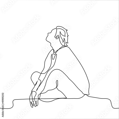 man is sitting on a rooftop in a Turkish pose his hair is blowing in the wind - one line drawing. the concept of solitude in nature, rest on the roof, climb high