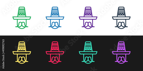 Set line Mexican man wearing sombrero icon isolated on black and white background. Hispanic man with a mustache. Vector