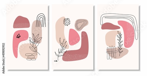 Botanical wall art vector set. Foliage line art drawing with abstract shape. Abstract Plant Art design for print, cover, wallpaper, Minimal and natural wall art. Vector illustration.