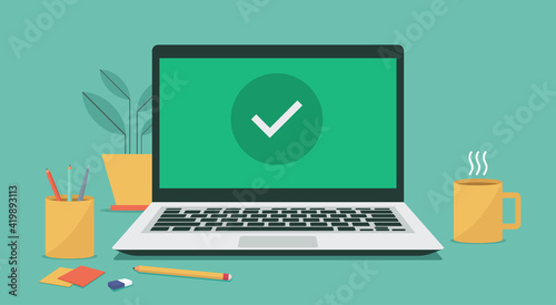 online approve or check mark on laptop computer screen, vector flat illustration