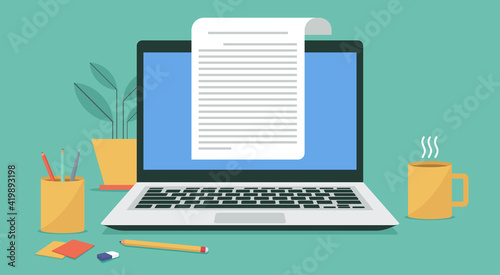 paper sheet and electronic text file writer, copywriter writing letter or journal via laptop computer, vector flat illustration