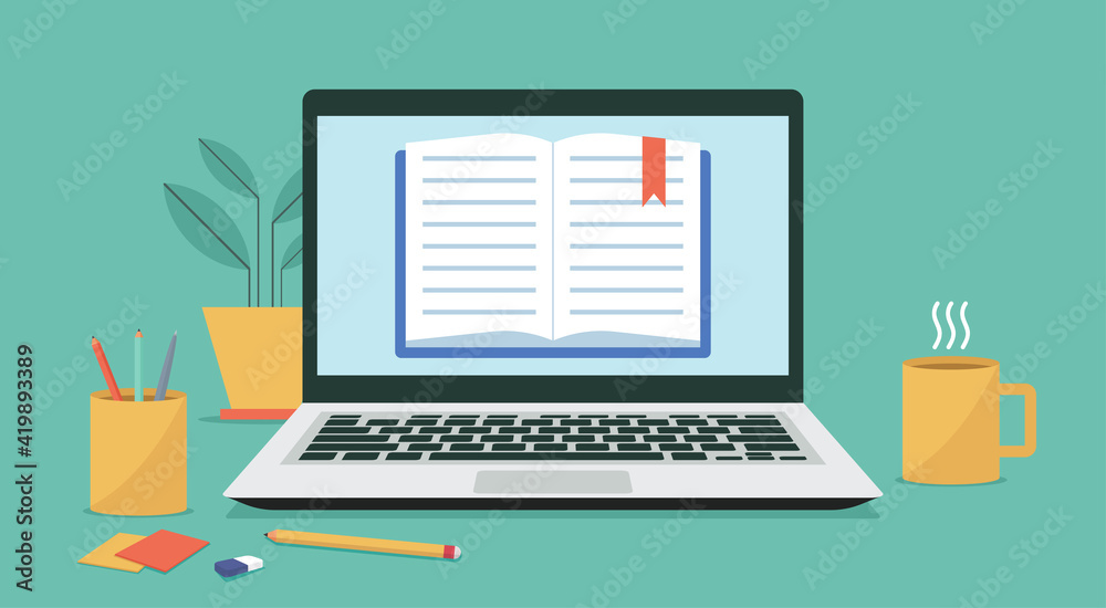 laptop computer with textbook, electronic education or e-book, e-learning and online learning concept, vector flat illustration laptop computer with textbook, electronic education or e-book, e-learning and online learning concept, vector flat illustration