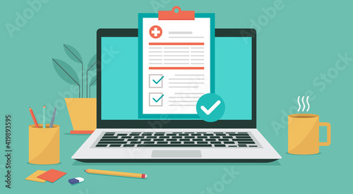 medical prescription on laptop computer screen, online healthcare electronic checklist and telehealth concept, vector flat illustration