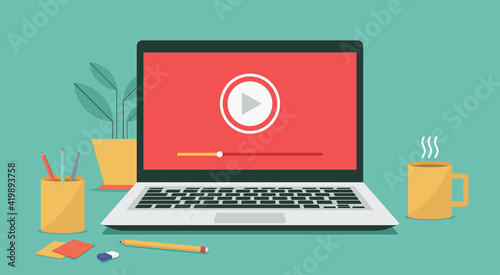 video player icon on laptop computer, concept of webinar, business online training, education or e-learning and video tutorial, vector flat illustration photo