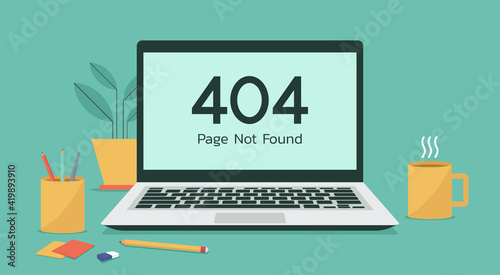 Error 404 or web page not found on laptop computer concept, vector flat illustration