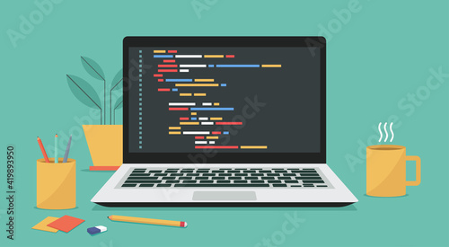 computer software with programming coding text on window laptop screen, vector flat illustration	
