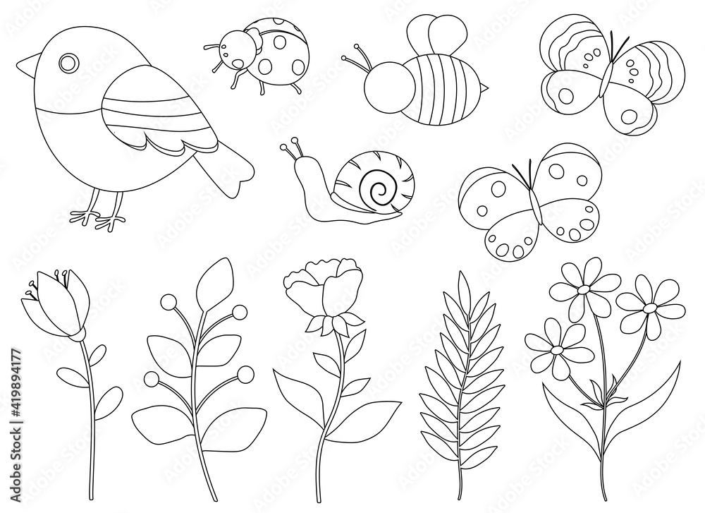 Fototapeta premium Set spring black and white coloring flowers birds insects vector illustration 