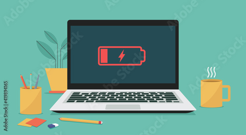 Laptop computer with low battery icon on screen, vector flat illustration