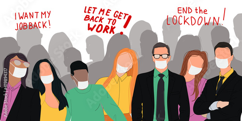 People wearing medical masks. Protest signs to end quarantine isolation shutdown and lockdown  regarding covid-19 coronavirus ncov. vector illustration. 