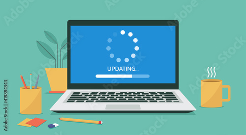 system software updating or loading process concept on laptop computer screen, vector flat illustration