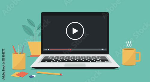video media player icon on laptop computer concept, vector flat illustration	